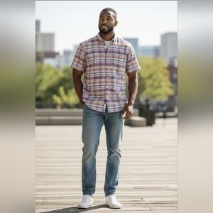 J.Crew Mens Slim Fit Linen Blend Plaid Short Sleeve Button Up Shirt , Sz Large